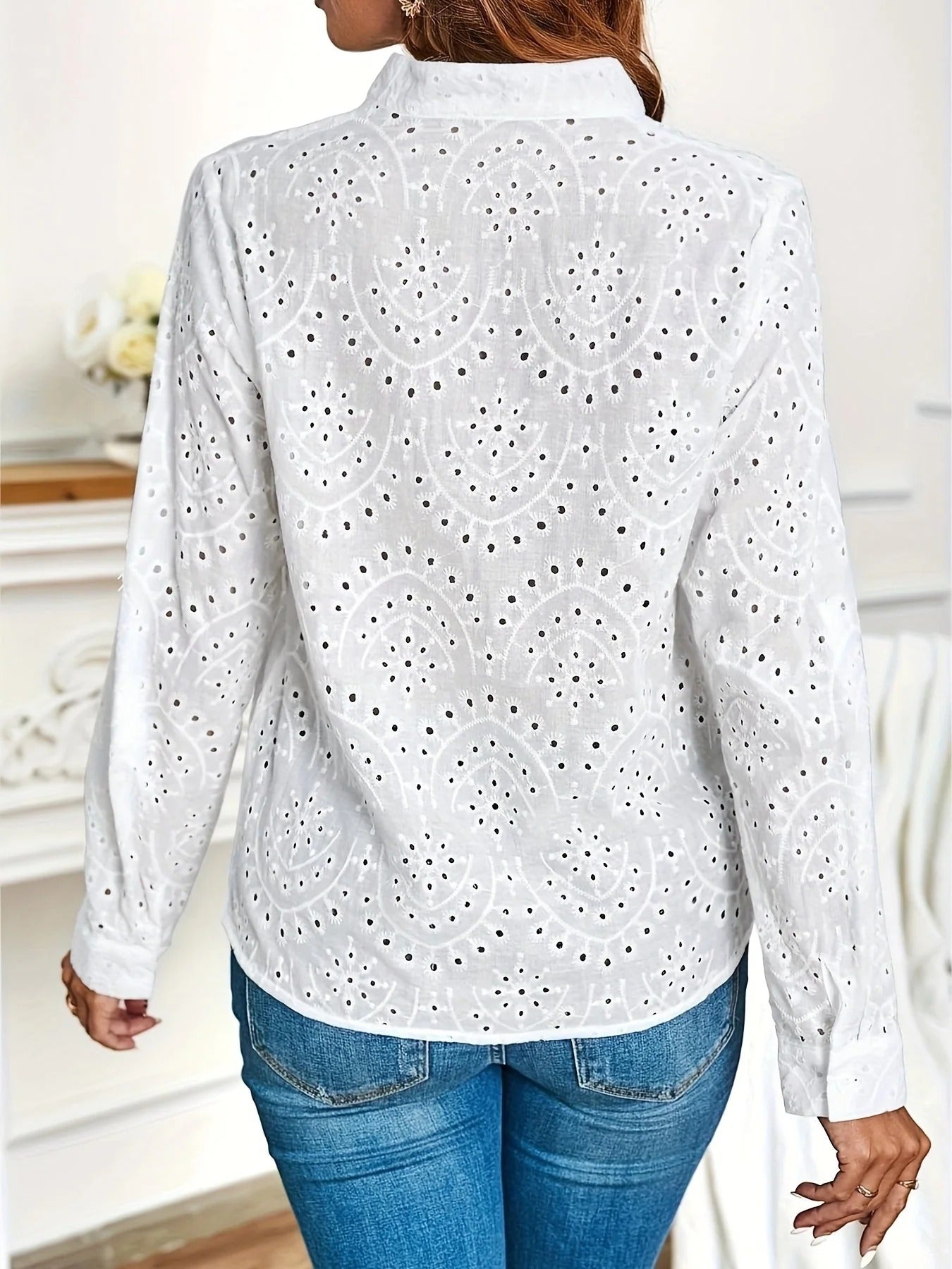 Clyde Blouse Femme – Lightweight Long Sleeve Top with Openwork Details & Straight Cut