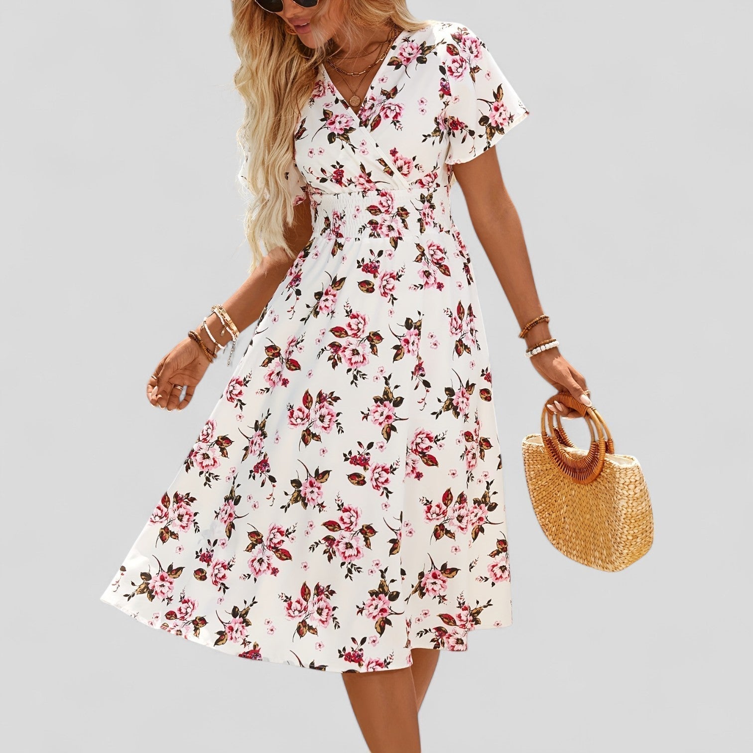 V-Neck Short Sleeve Midi Dress – Flattering Silhouette & All-Day Comfort