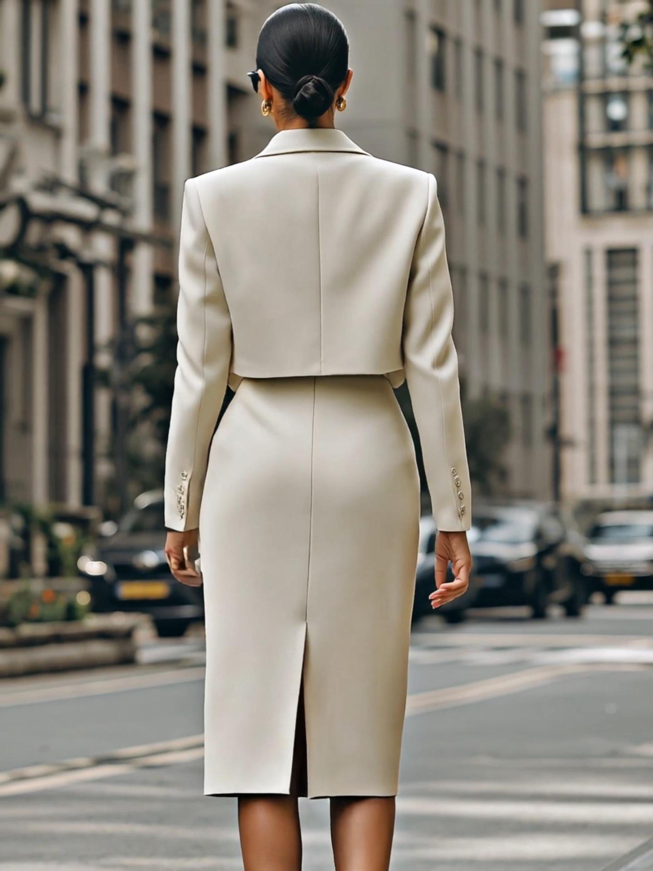 Cream Cropped Blazer And High-Waisted Pencil Skirt Set With Belt