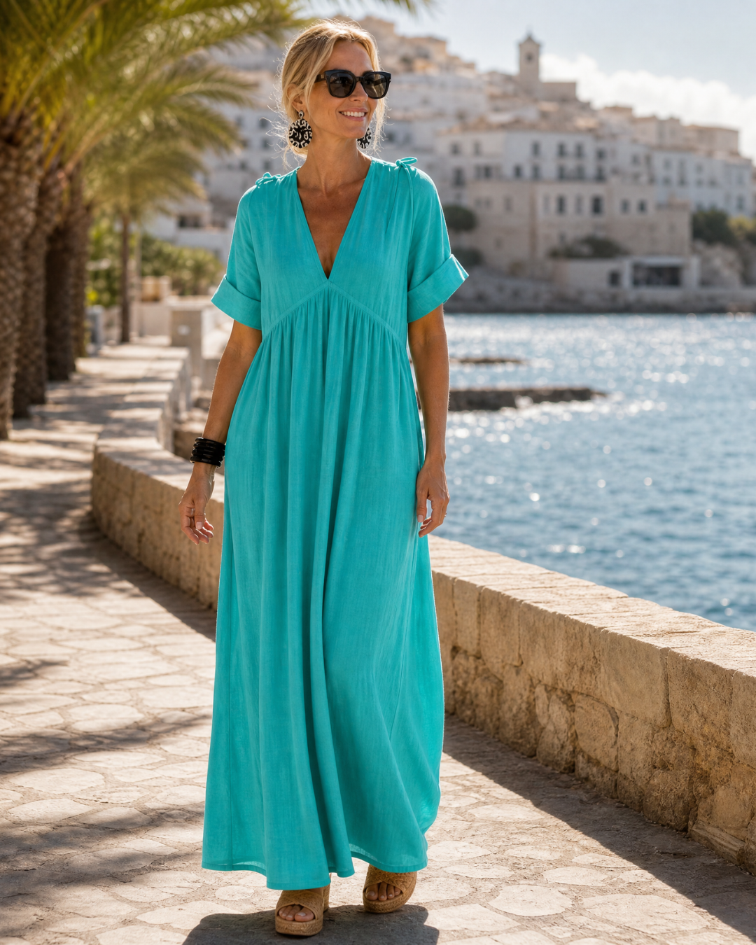 Zomla | Textured V Neck Short Sleeve Flowing Midi Dress