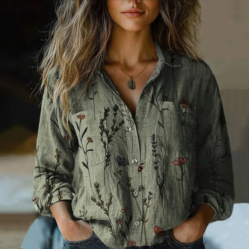 Mira Blouse Vintage Woman – Airy Blouse with Ethnic Print, Notched Collar & Long Sleeves