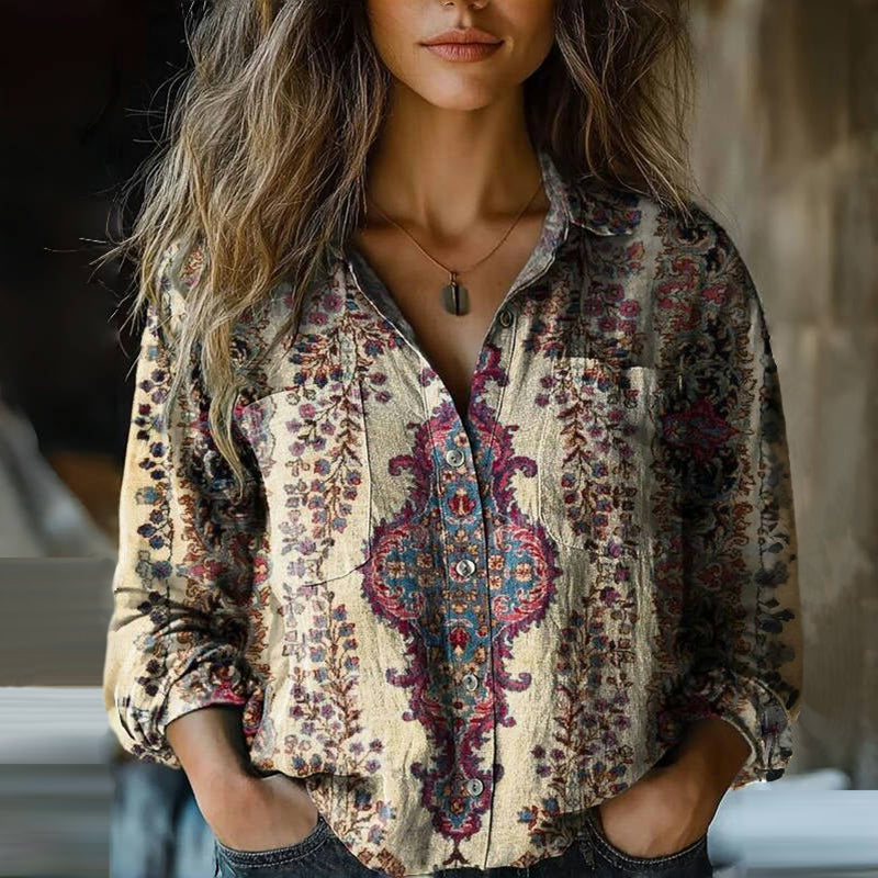 Blouse Vintage Lina – Elegant Blouse with Floral Pattern, Long Sleeves & Chic Collar