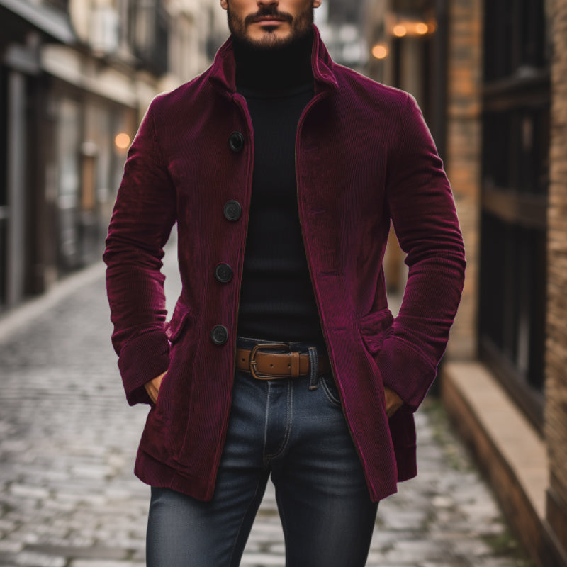 Emerson Men's Corduroy Velvet Coat – Slim Fit with Stand-up Collar & Elegant Side Pockets