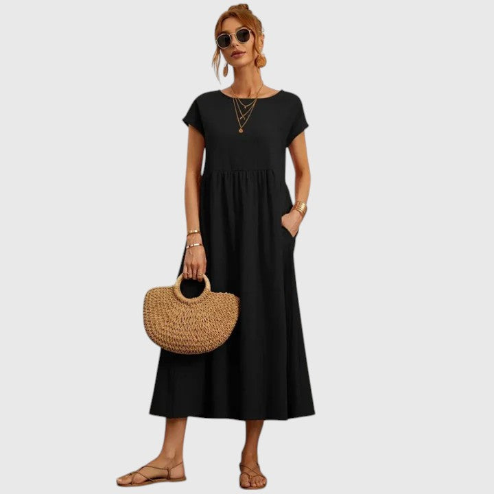 Short Sleeve Relaxed Fit Midi Dress – Breathable Fabric & Lightweight Feel