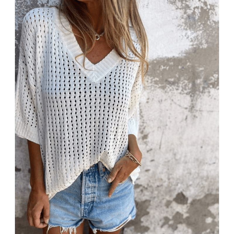Aria Light Top with Openwork Patterns Woman – Fluid Cut, 3/4 Sleeves and Breathable Design by Looksy