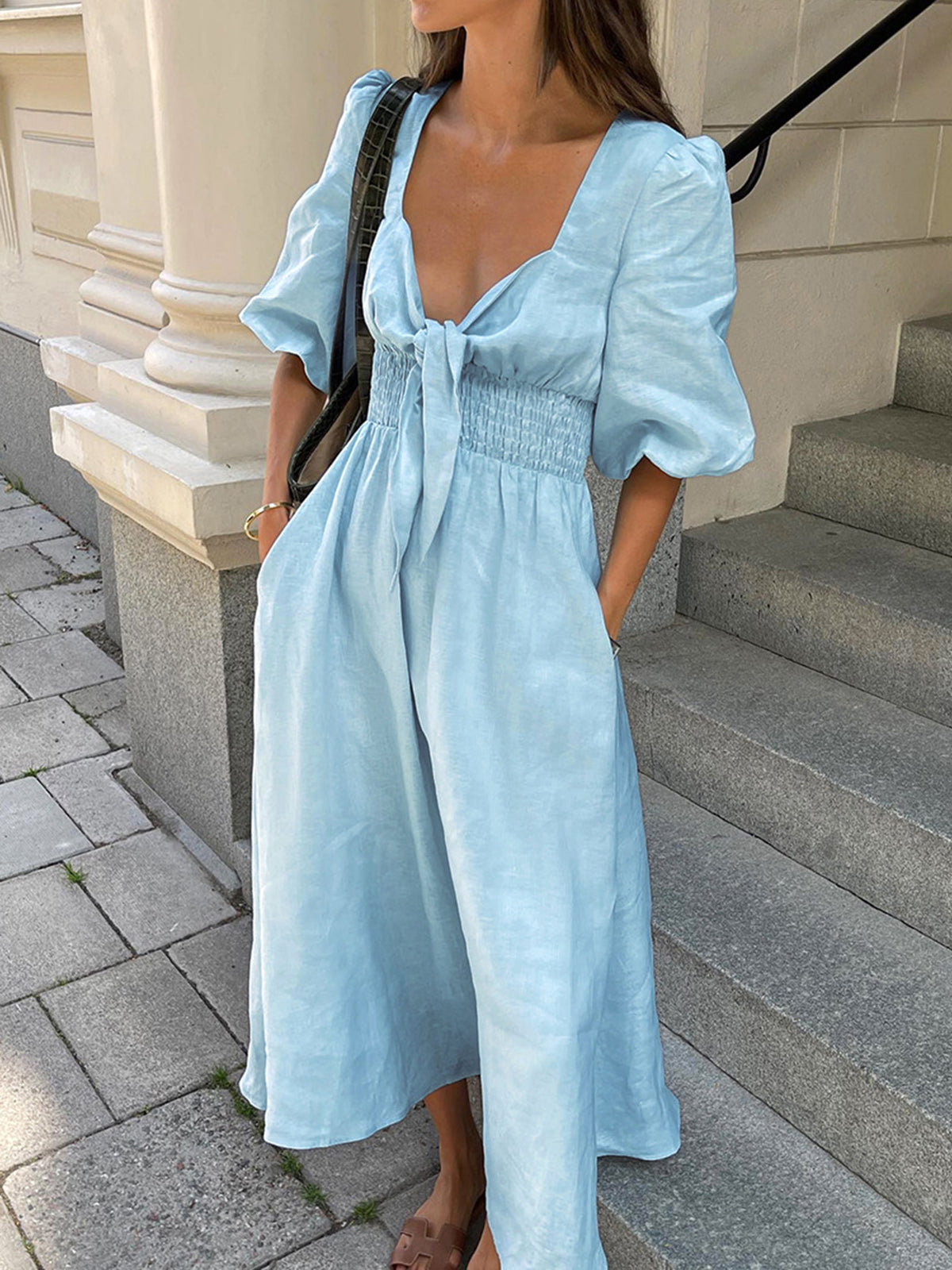 Women's Light Blue Linen Midi Dress - Front Tie Puff Sleeve
