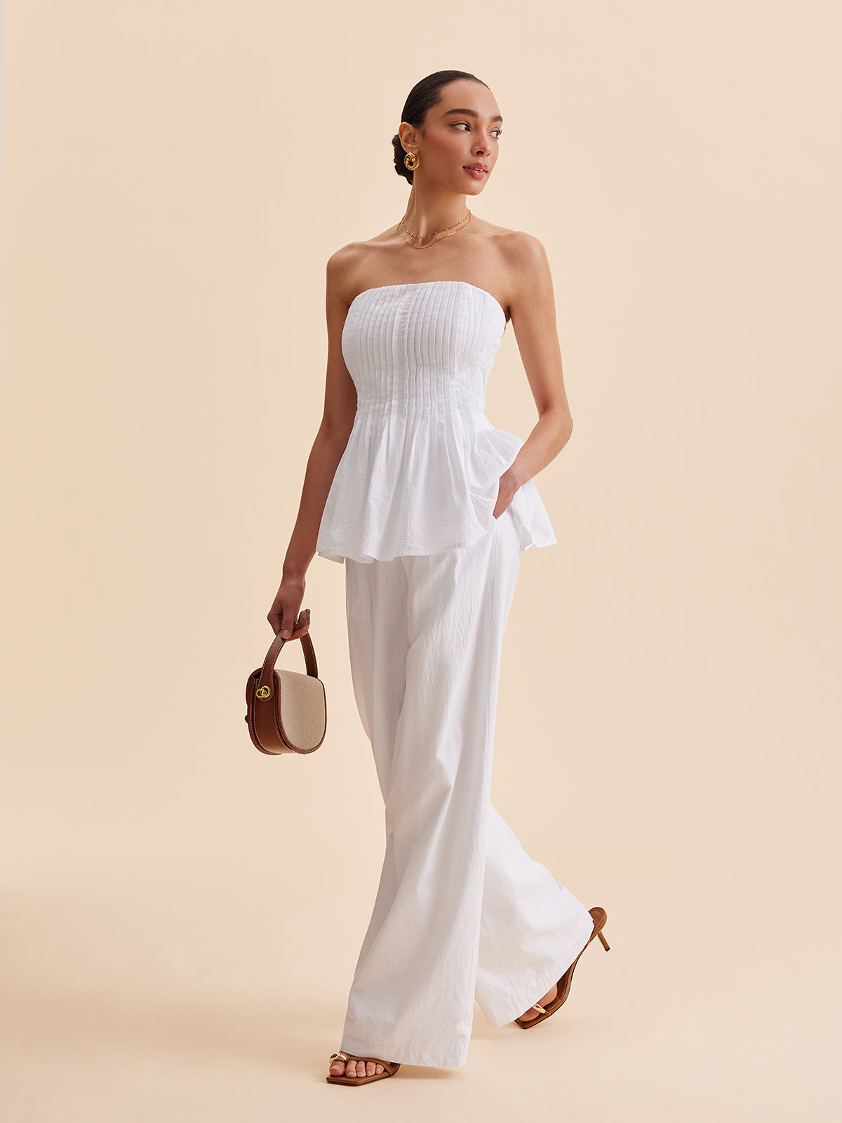 Cotton Pleated Strapless Peplum Top