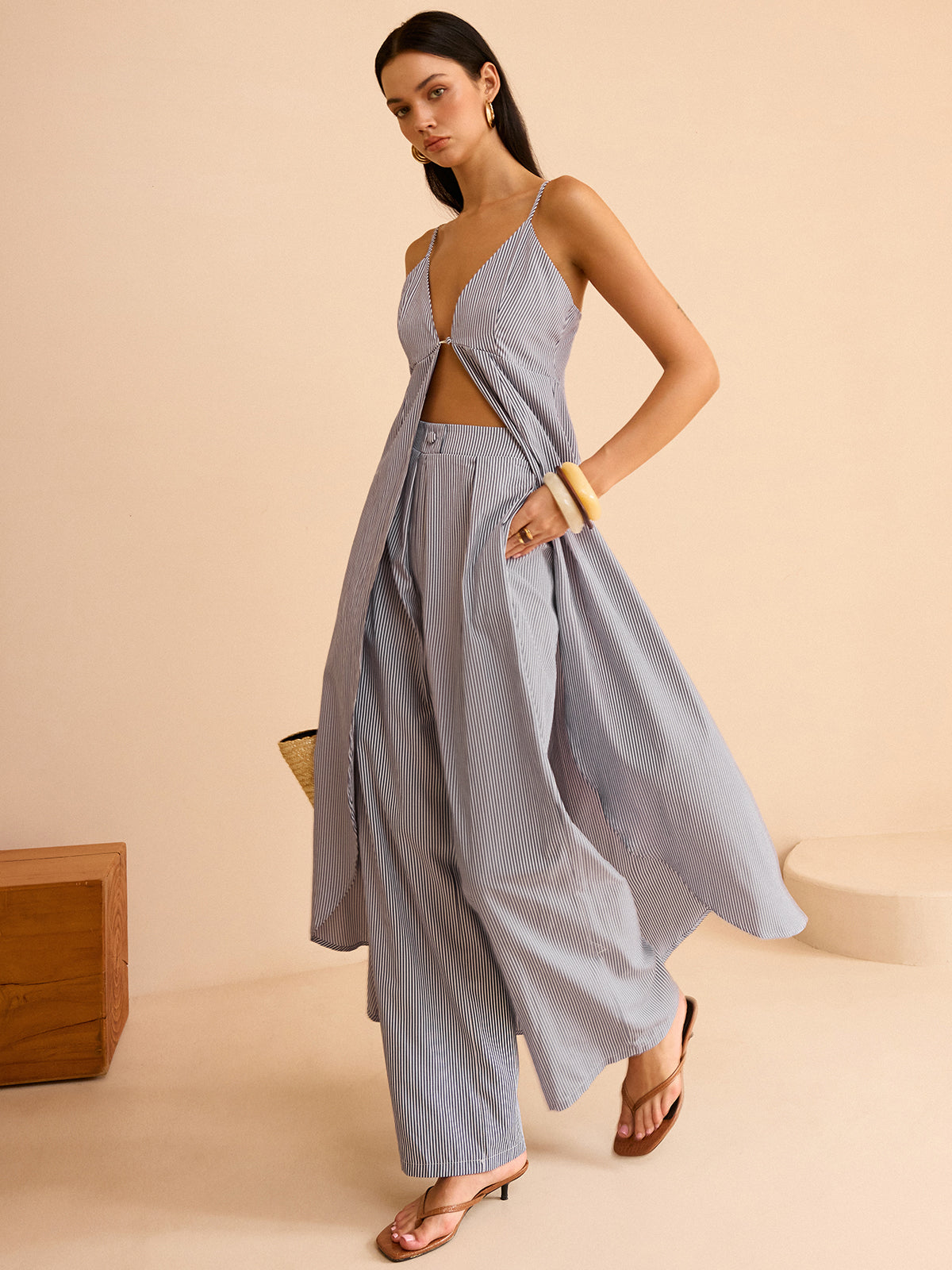 Striped Long Cami Top and Wide-Leg Pants Set