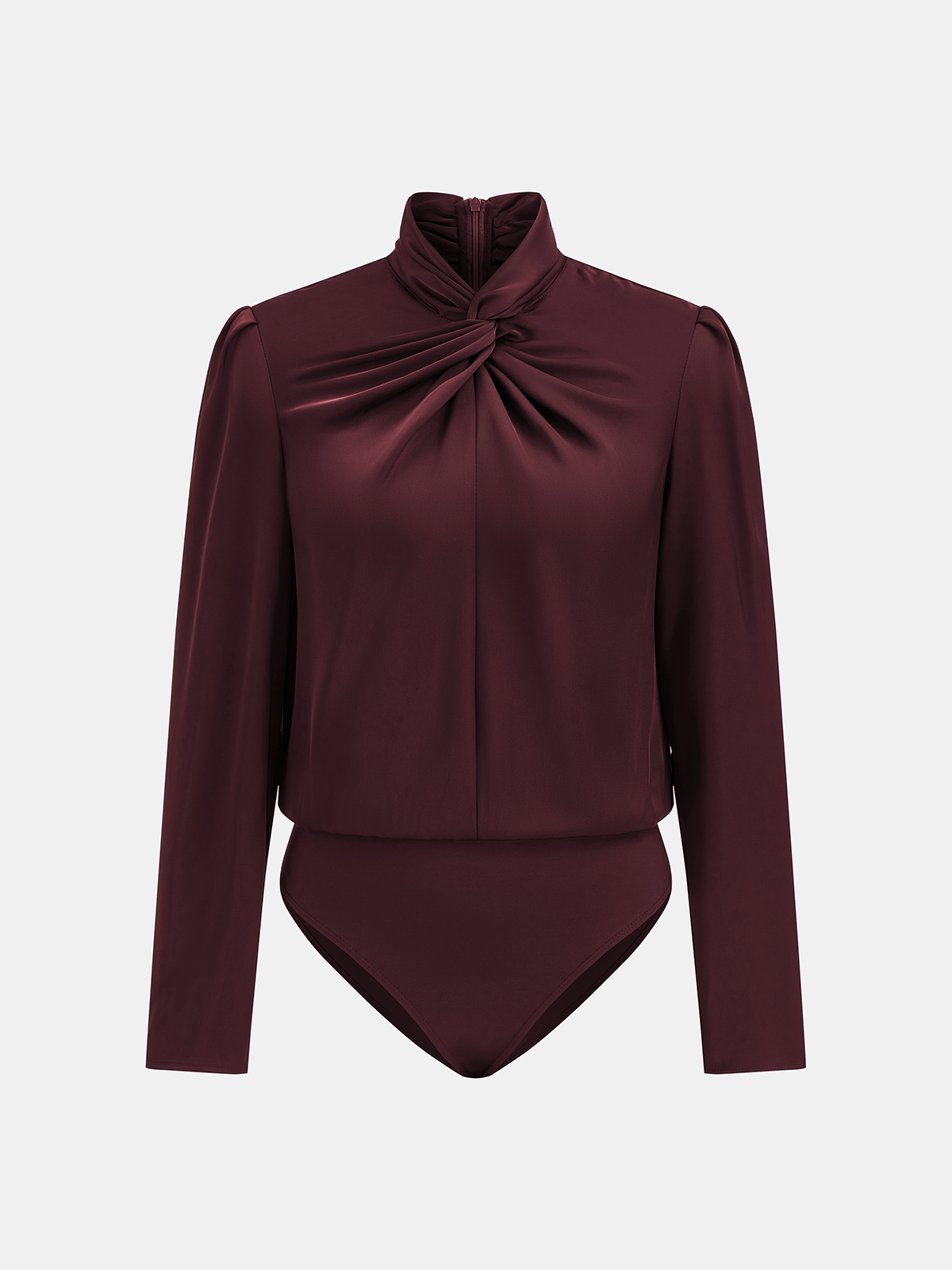 Twisted Mock Neck Long-Sleeve Satin Bodysuit