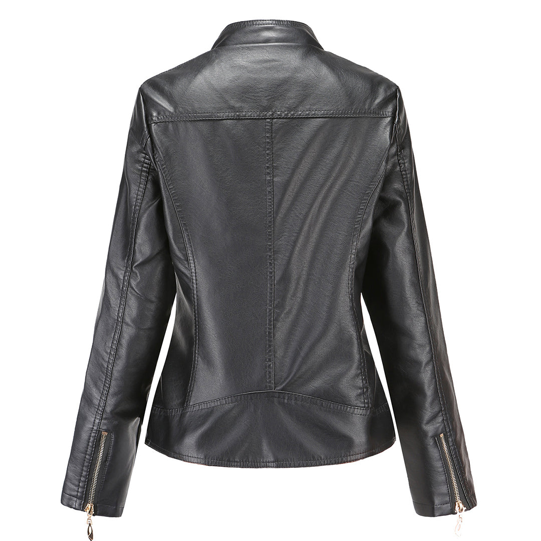 Janiyah Women's Leather Jacket – Chic Stand Collar, Zippers & Elegant Modern Style