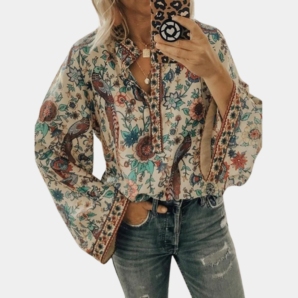 Cynthia Blouse Femme – Floral Top with Puff Sleeves & Breathable Fabric for Elegant Summer
