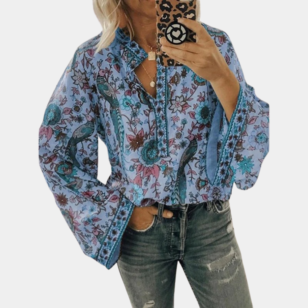 Cynthia Blouse Femme – Floral Top with Puff Sleeves & Breathable Fabric for Elegant Summer