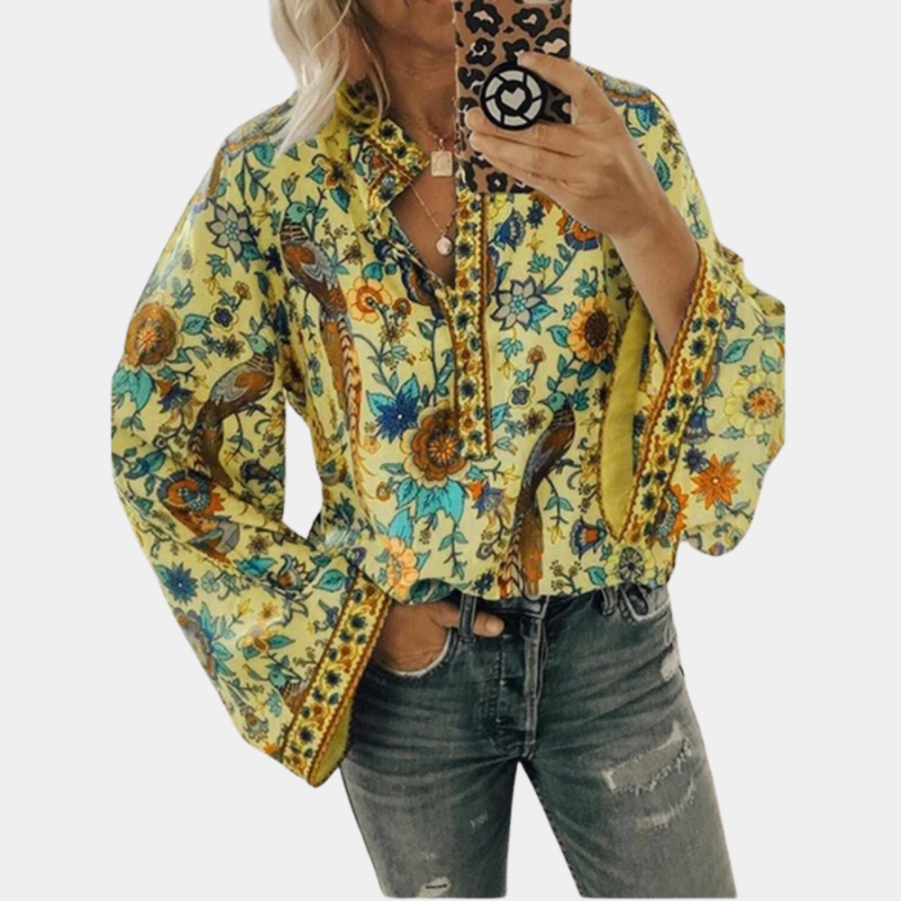 Cynthia Blouse Femme – Floral Top with Puff Sleeves & Breathable Fabric for Elegant Summer