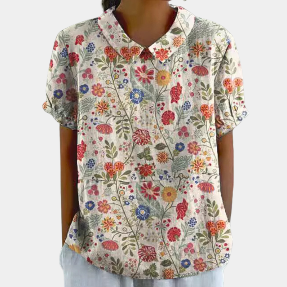 Bruna Blouse Femme – Casual Top with Short Sleeves with Pastoral Floral Print & Round Neck
