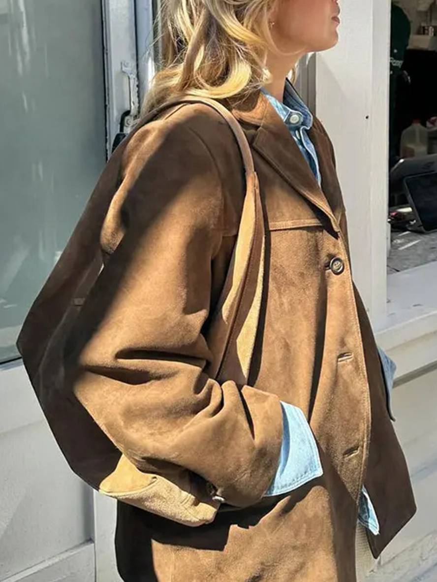 Chelsey Women's Suede Jacket Vintage – Loose Fit, Elegant & Practical with Pockets