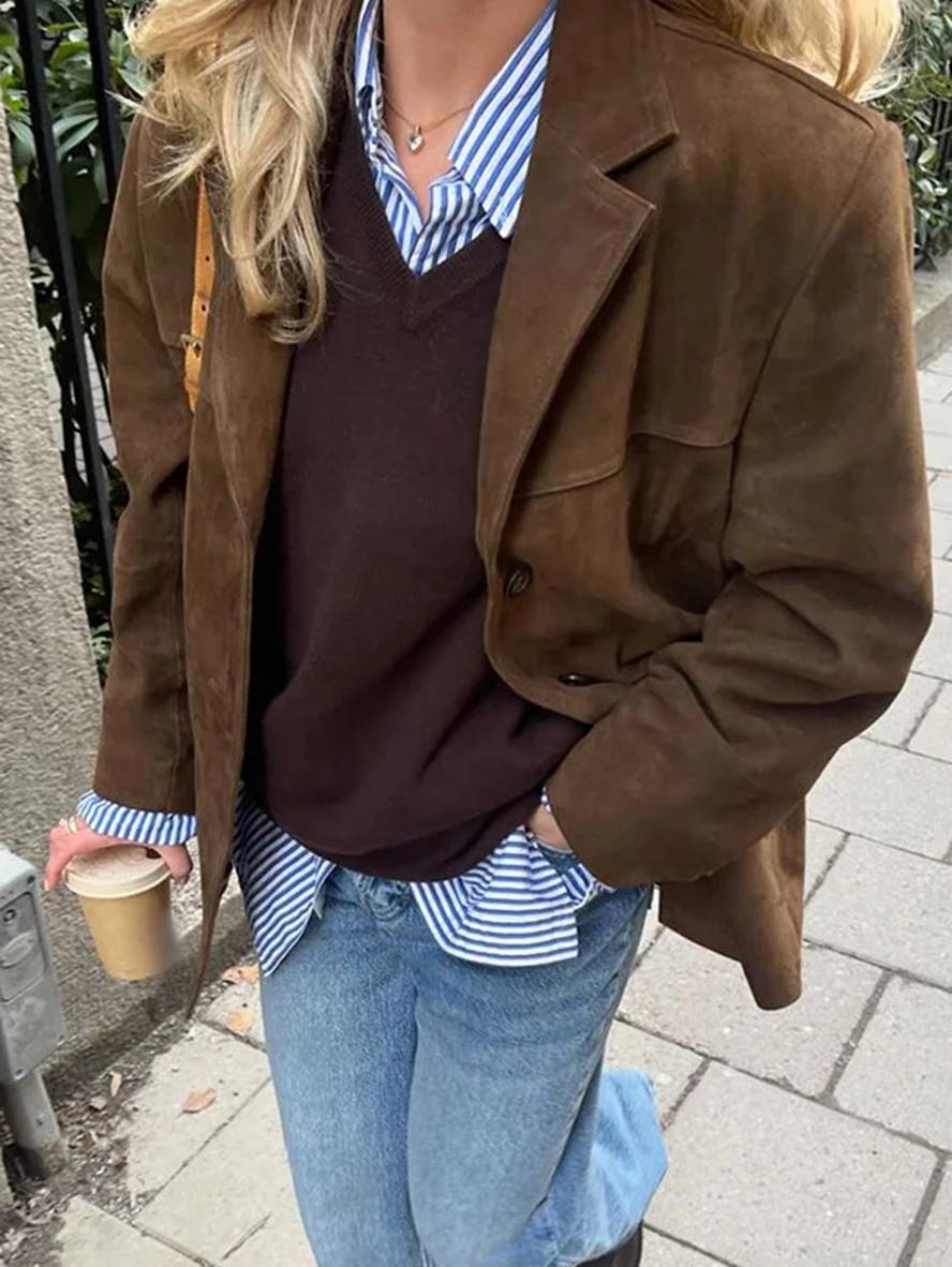 Chelsey Women's Suede Jacket Vintage – Loose Fit, Elegant & Practical with Pockets