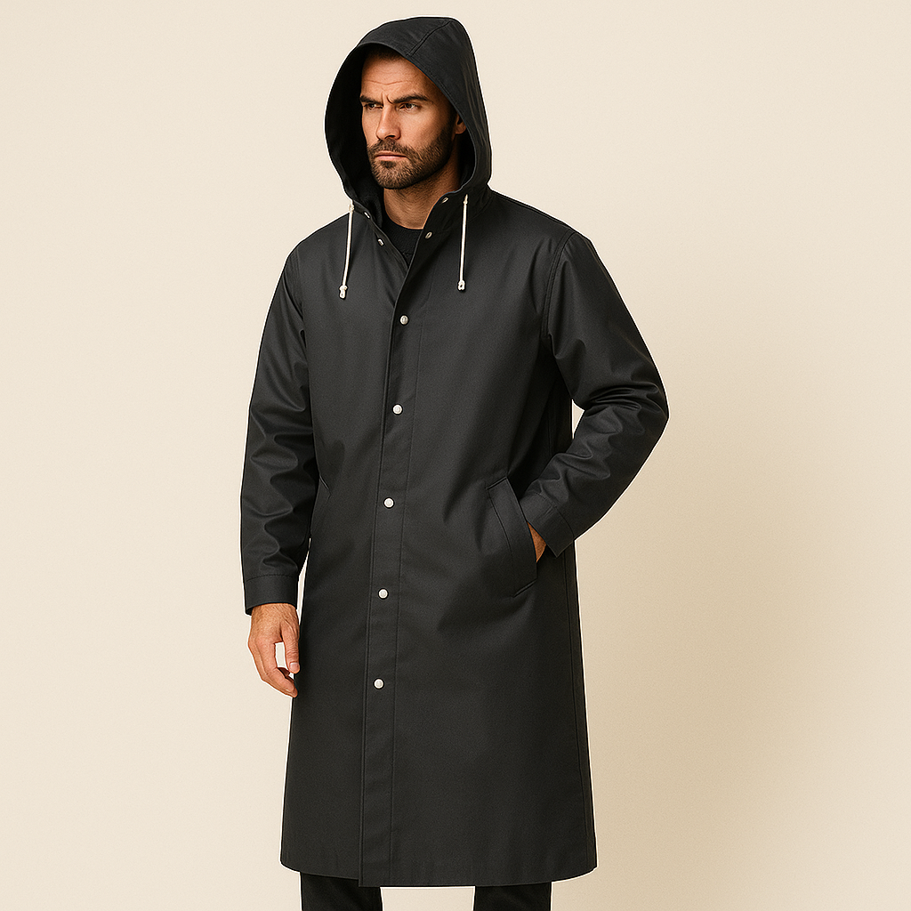 Adrien Men's Raincoat – Long Breathable Waterproof Coat with Adjustable Hood
