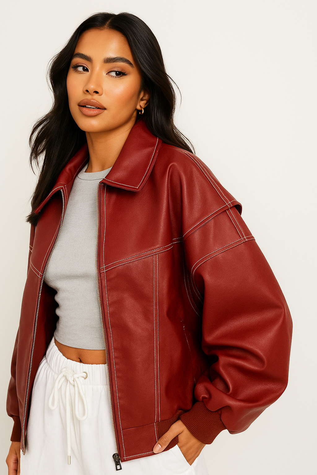 Zara Women's Red Oversize Leather Jacket – Modern Elegant & Comfortable Blouson