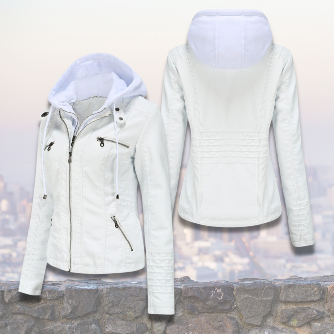 Xyla Women's Leather Jacket – Elegant with Hood, Zipper Closure & Practical Pockets