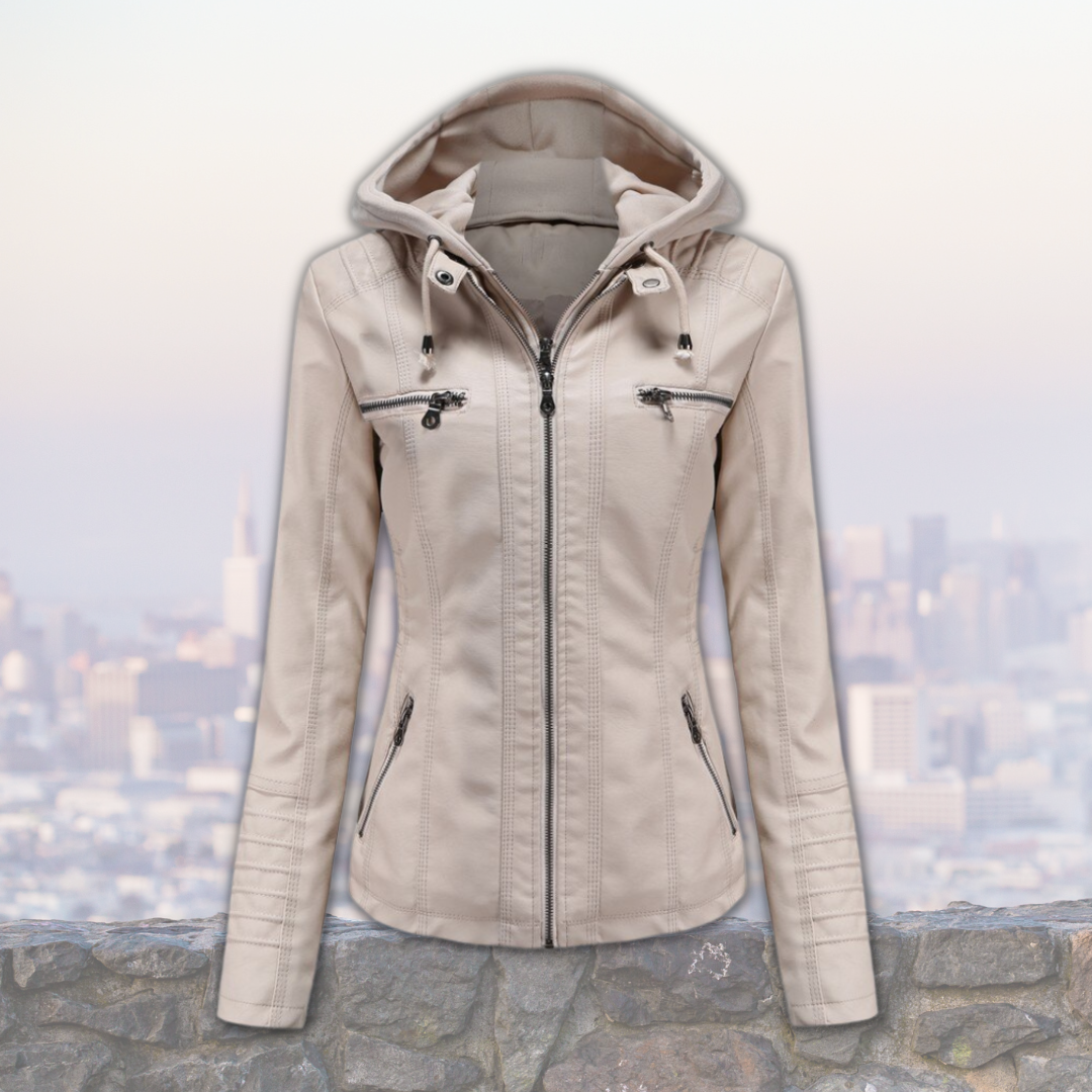 Xyla Women's Leather Jacket – Elegant with Hood, Zipper Closure & Practical Pockets