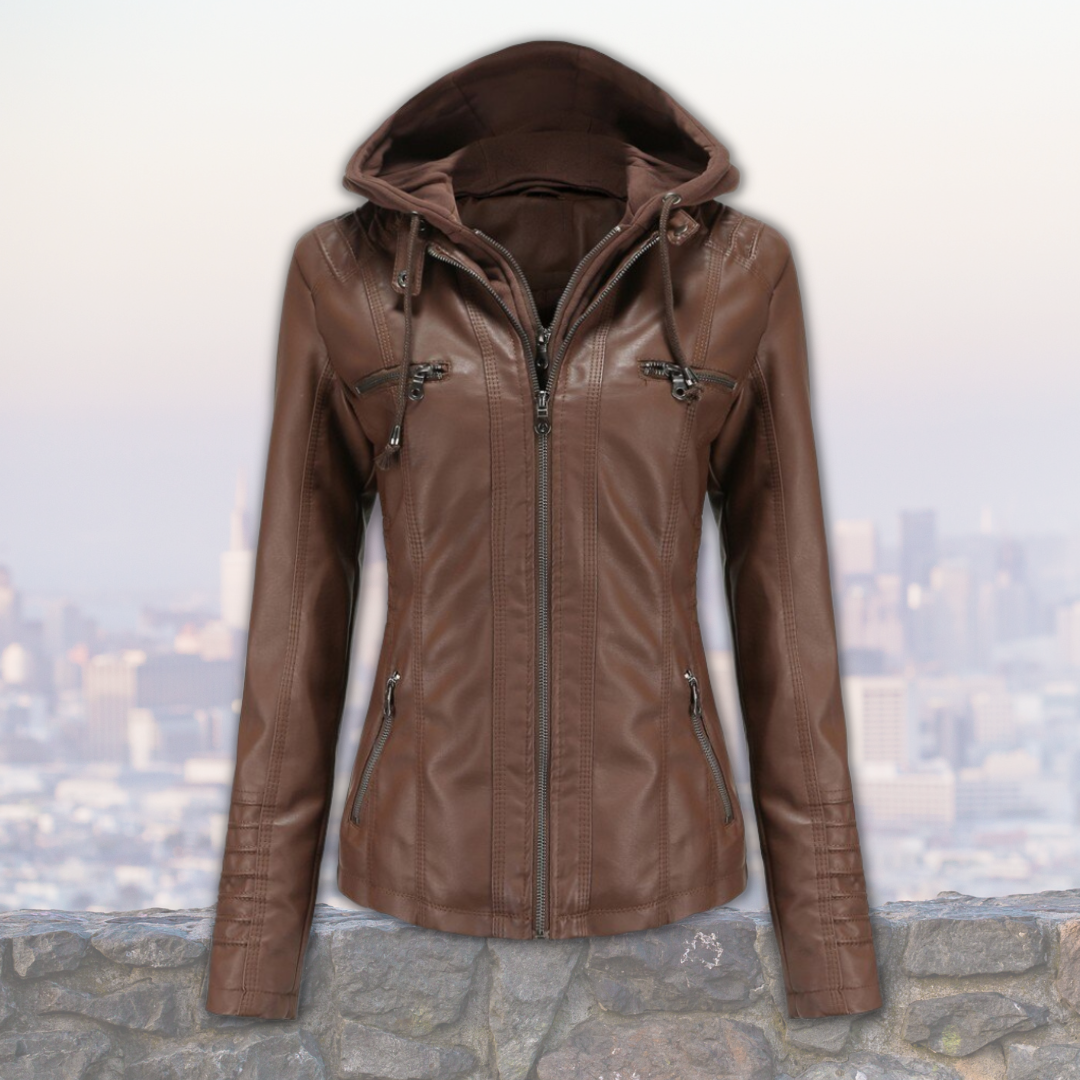Xyla Women's Leather Jacket – Elegant with Hood, Zipper Closure & Practical Pockets