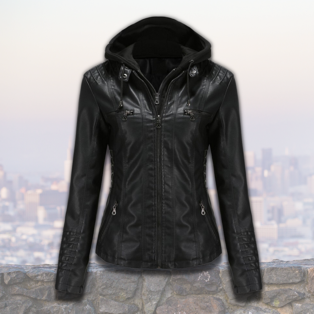 Xyla Women's Leather Jacket – Elegant with Hood, Zipper Closure & Practical Pockets