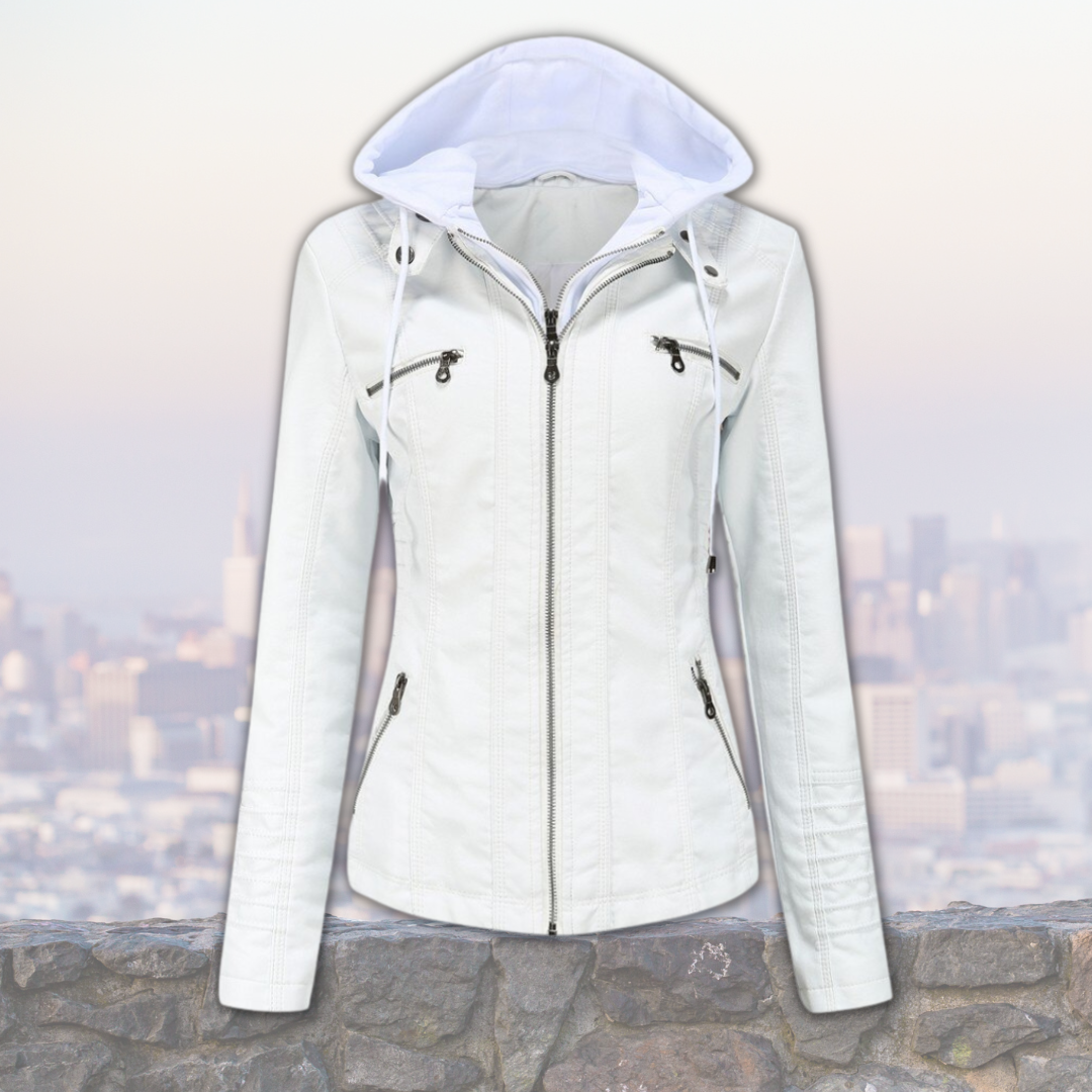 Xyla Women's Leather Jacket – Elegant with Hood, Zipper Closure & Practical Pockets