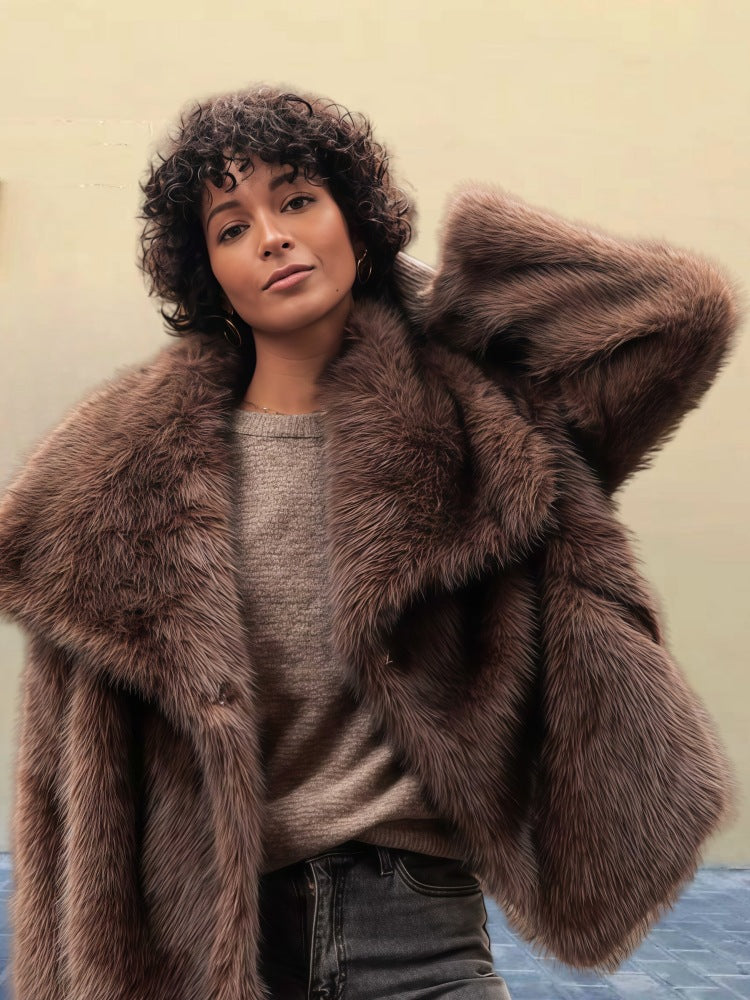 Everleigh Women's Coat – Long Coat in Faux Fur with Notched Collar & Relaxed Fit