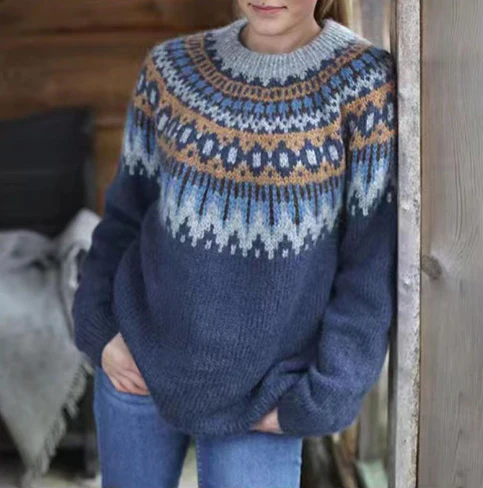 Georgia Women's Knitted Sweater – Winter Sweater with Nordic Fair Isle Pattern & Relaxed Fit