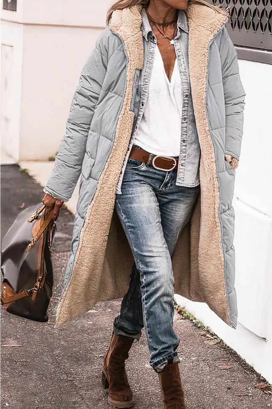 Camila Manteau Long Quilted for Women – Hood with faux fur and full zip closure