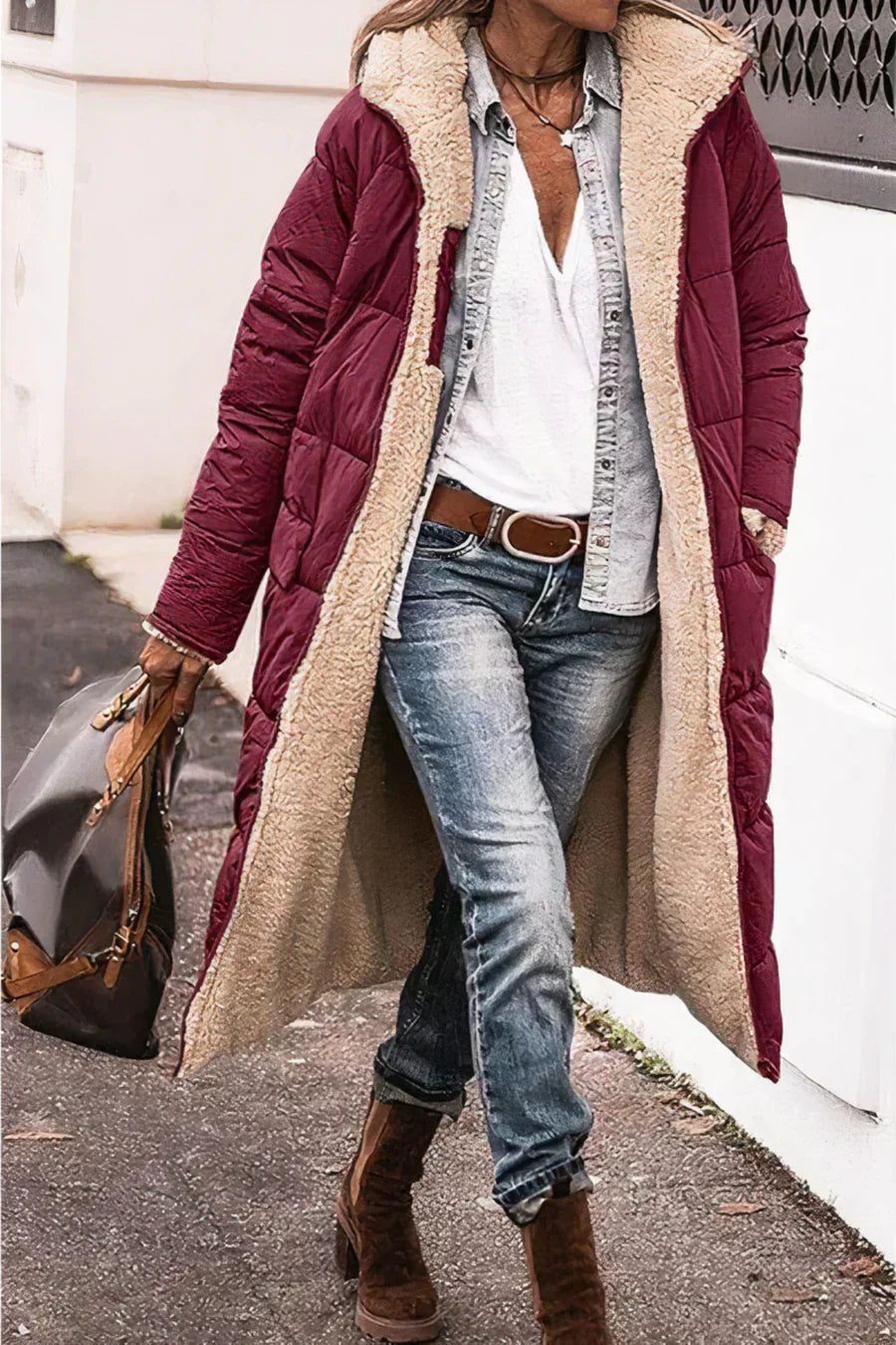 Camila Manteau Long Quilted for Women – Hood with faux fur and full zip closure