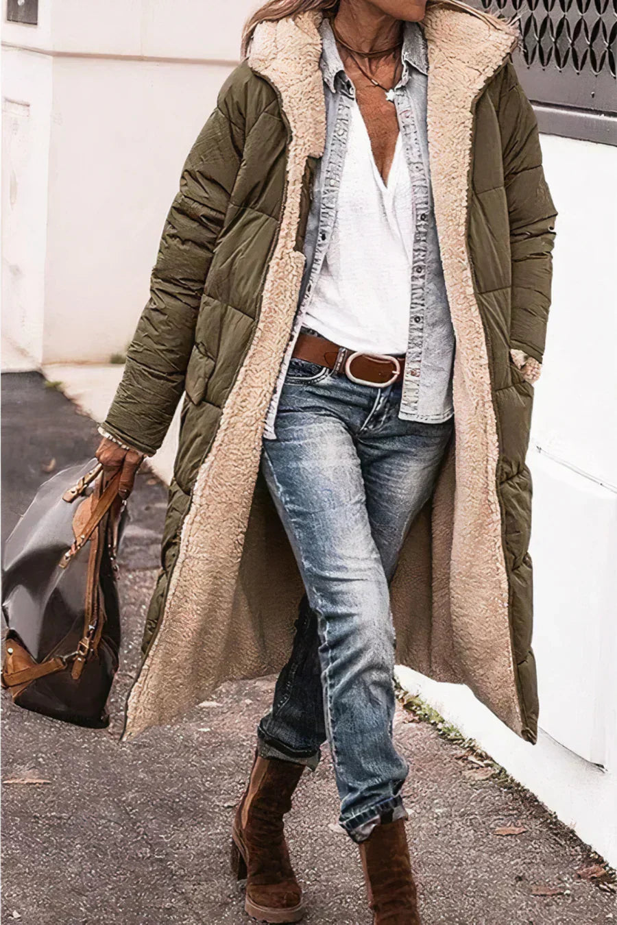 Camila Manteau Long Quilted for Women – Hood with faux fur and full zip closure