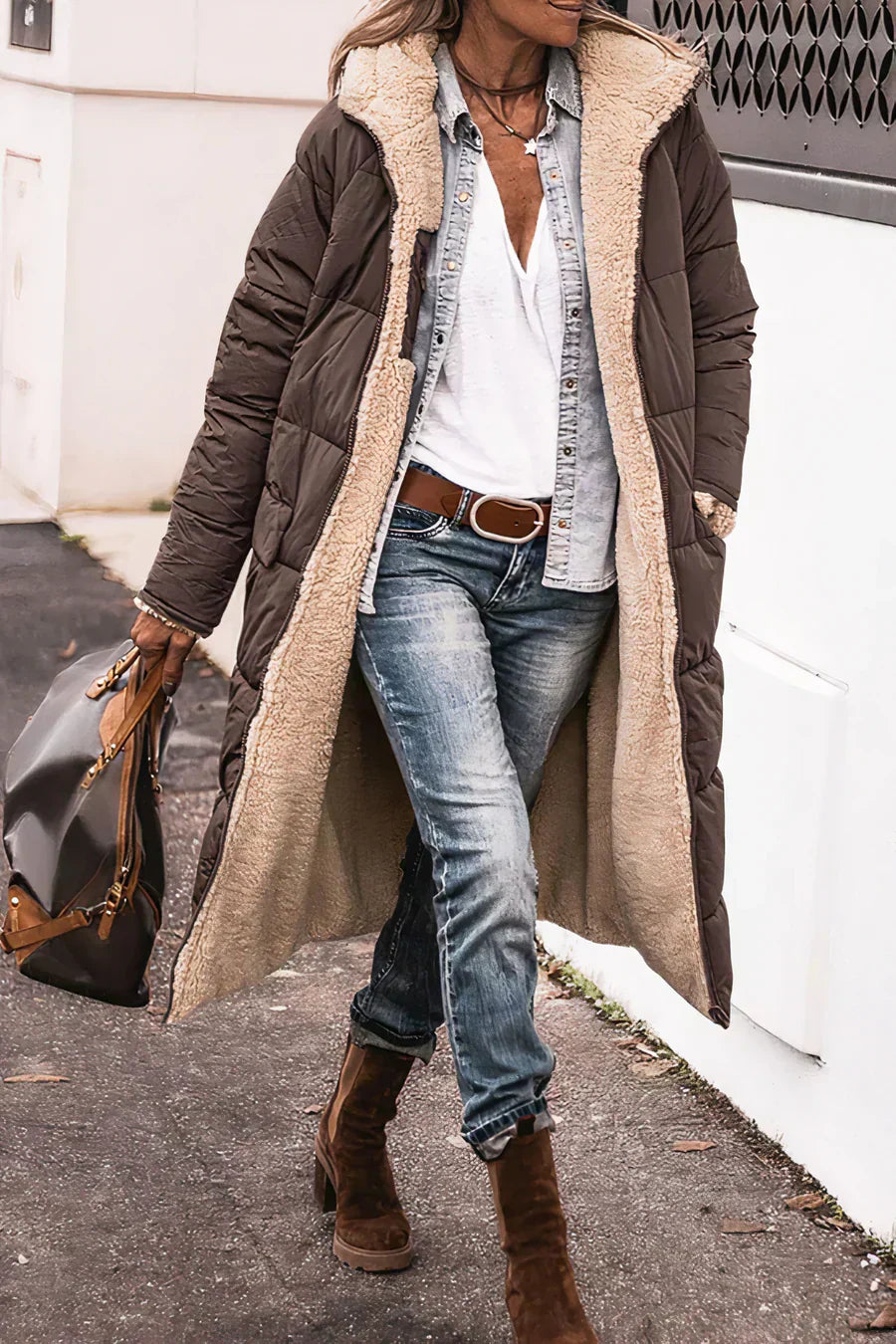 Camila Manteau Long Quilted for Women – Hood with faux fur and full zip closure