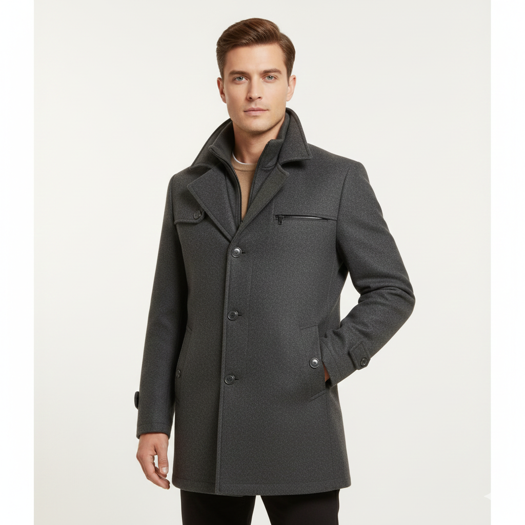 Edwin Men's Coat – Slim Fit Double-Breasted Overcoat with Classic Collar