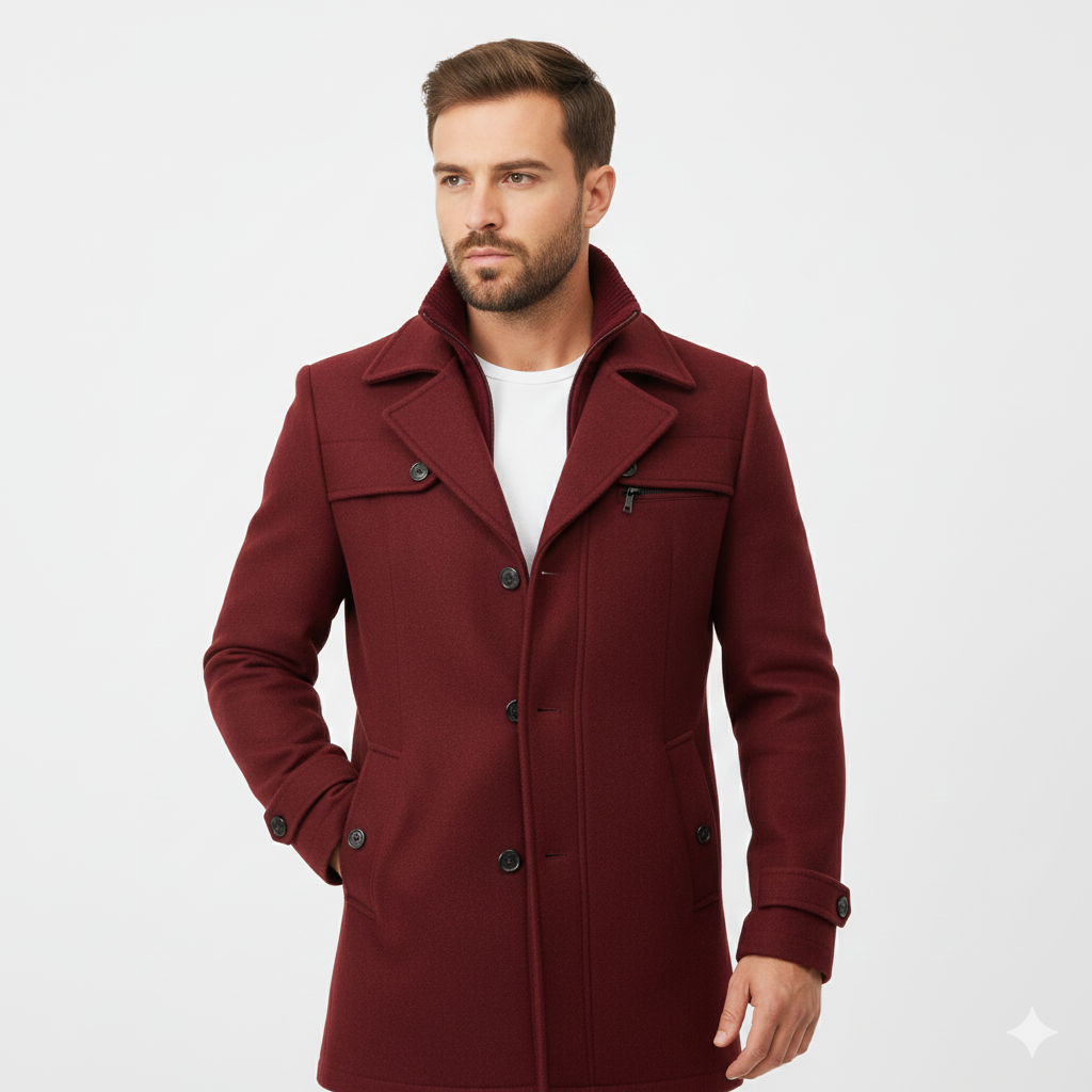 Edwin Men's Coat – Slim Fit Double-Breasted Overcoat with Classic Collar
