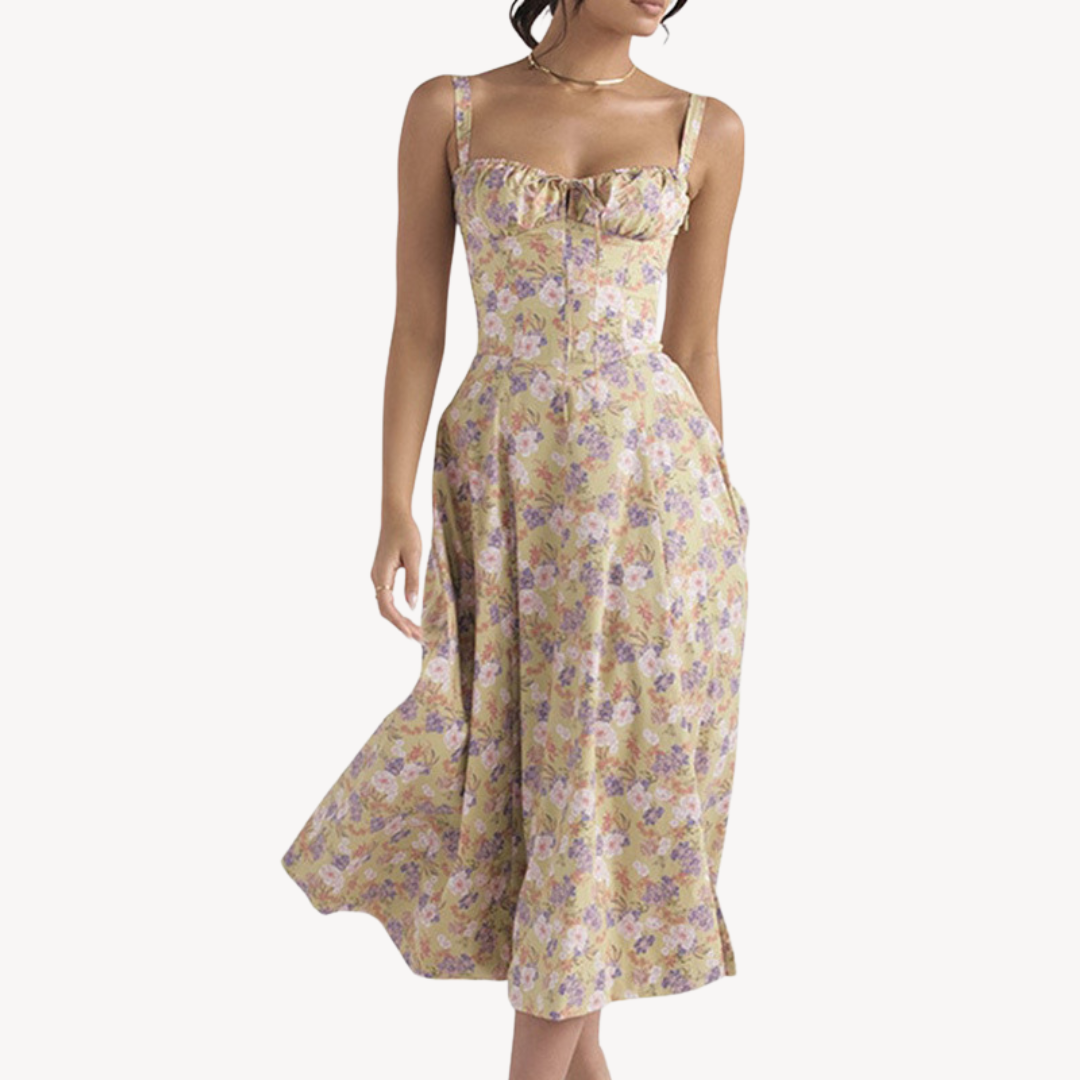 Floral Corset Midi Dress – Cotton A-Line with Pastel Print
