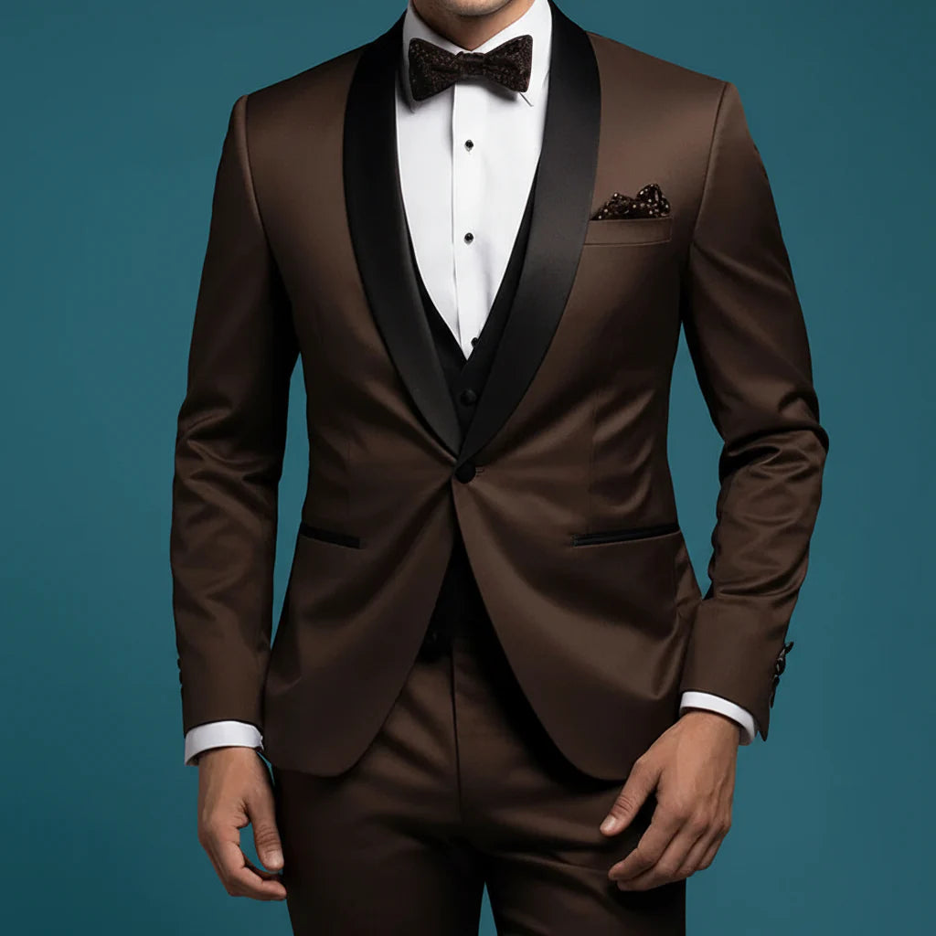 Formal Dark Brown 3-Piece Men’s Suit – Black Shawl Lapel, Elegant Party Ensemble