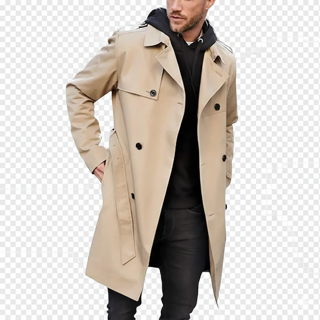Gian Classic Men's Double-Breasted Trench Coat – Notched Collar with Adjustable Belt