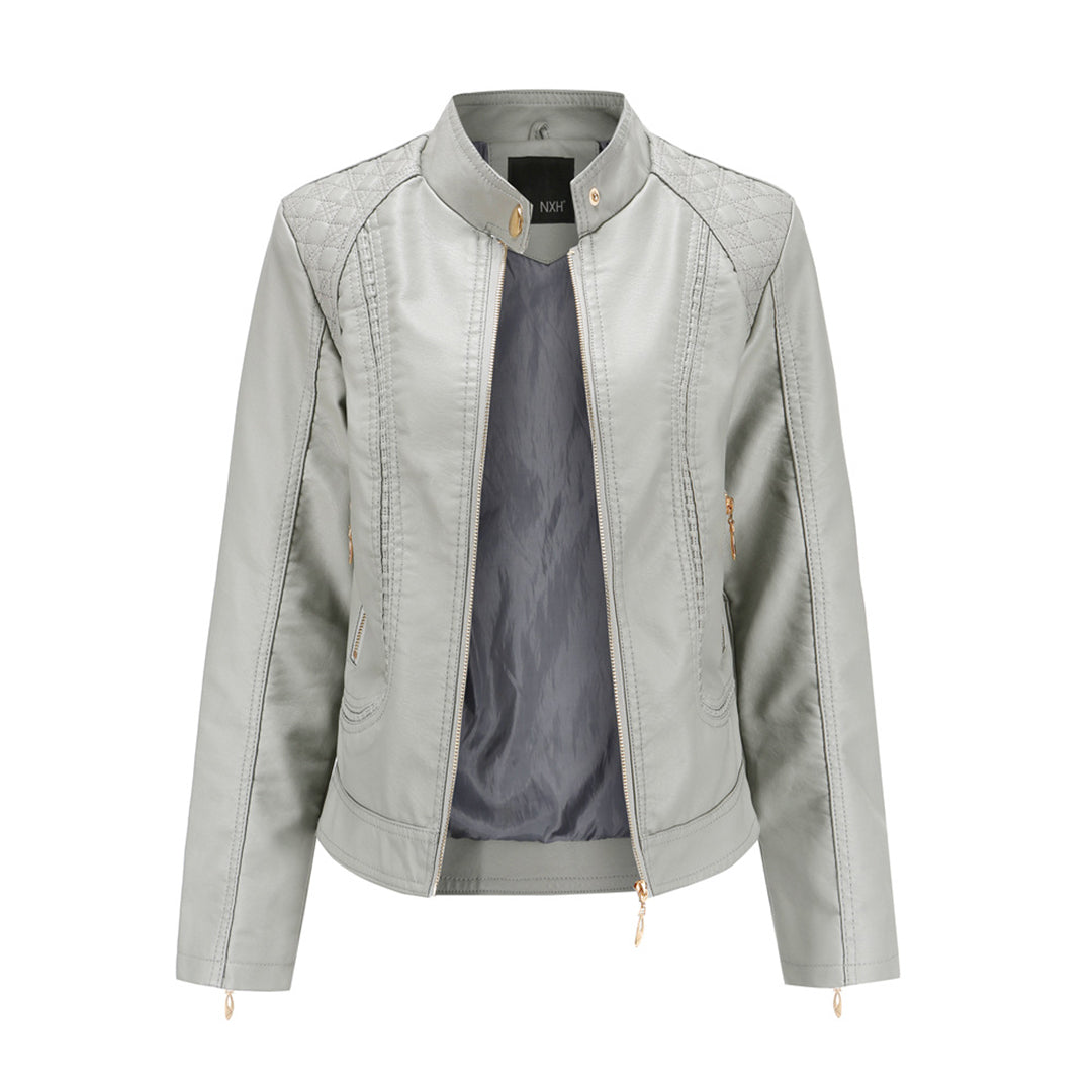 Janiyah Women's Leather Jacket – Chic Stand Collar, Zippers & Elegant Modern Style