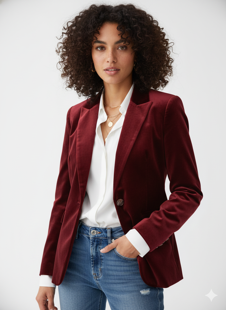 Haydee Velvet Blazer for Women – Chic Green Jacket with Golden Buttons & Elegant Cut