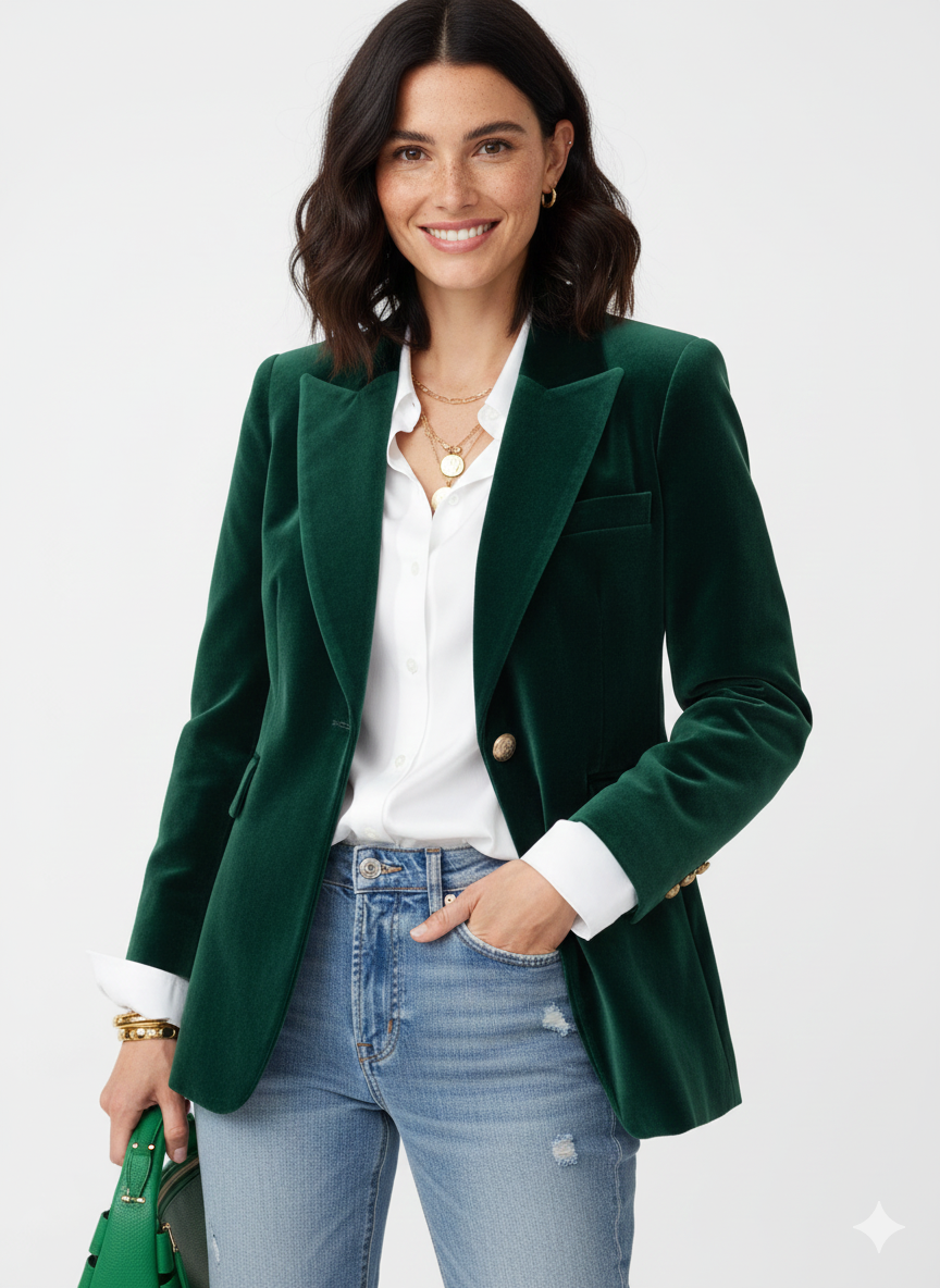 Haydee Velvet Blazer for Women – Chic Green Jacket with Golden Buttons & Elegant Cut