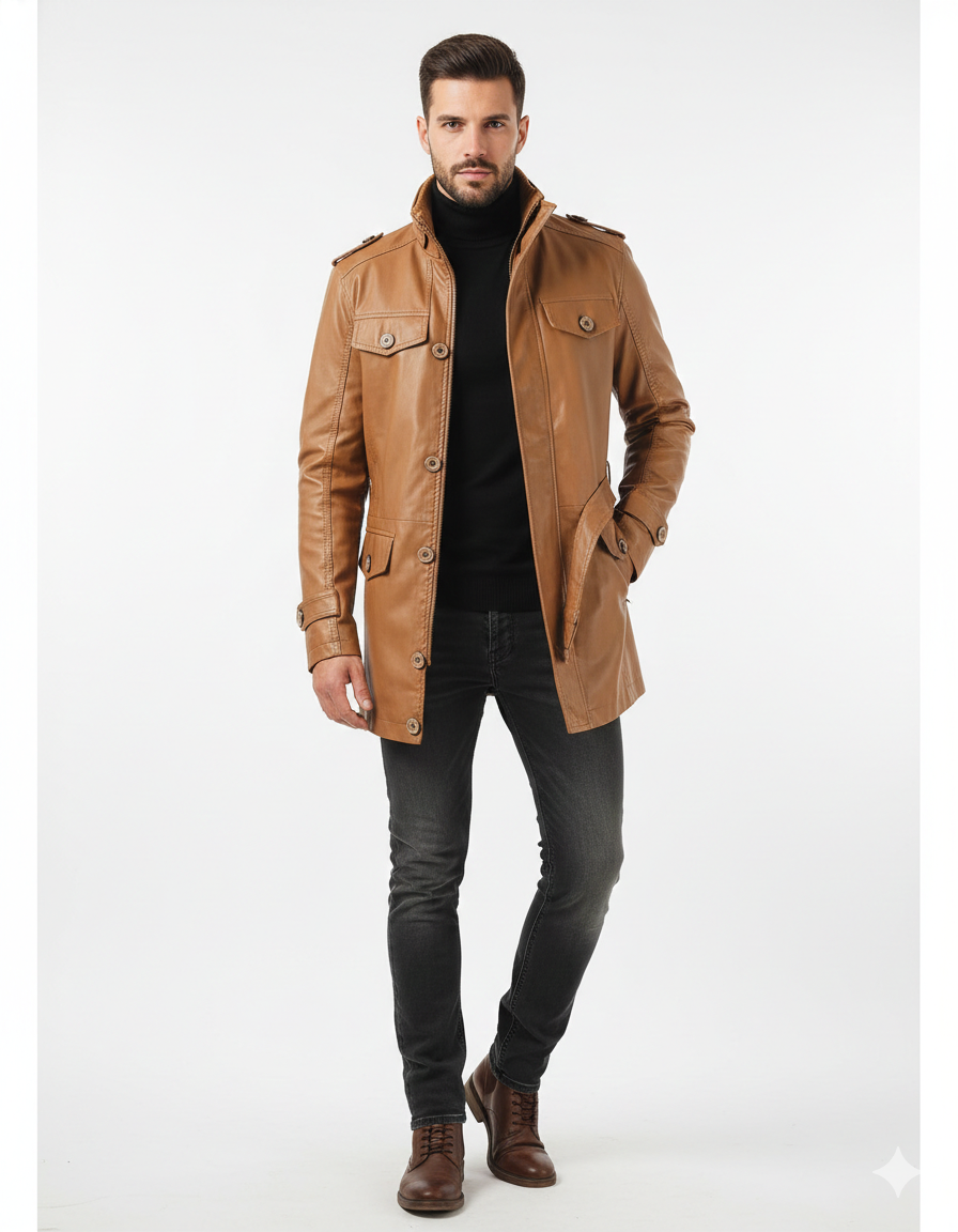 Zayko Men's Long Leather Coat – Comfortable Fit and Elegant Style for Winter