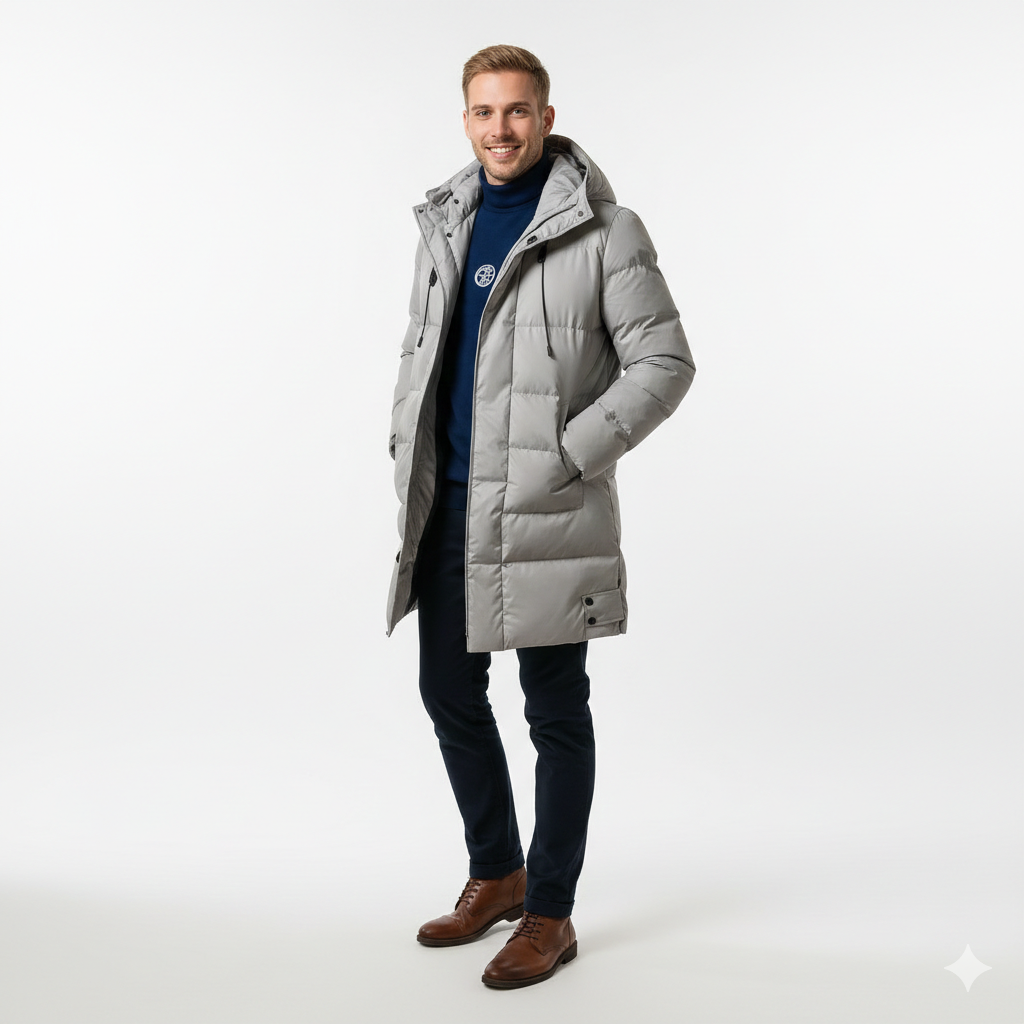 Arlo Men's Long Puffer Coat – Warm Winter Down Jacket with Hood & Protective Cut