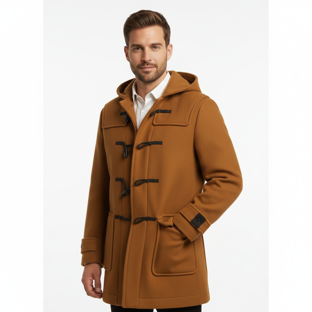 Joen Long Trench Coat Men – Scandinavian Hooded Coat with Horn Buttons & Retro Style