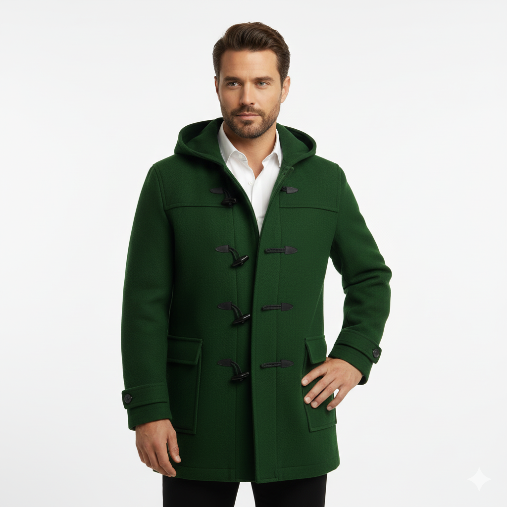 Joen Long Trench Coat Men – Scandinavian Hooded Coat with Horn Buttons & Retro Style