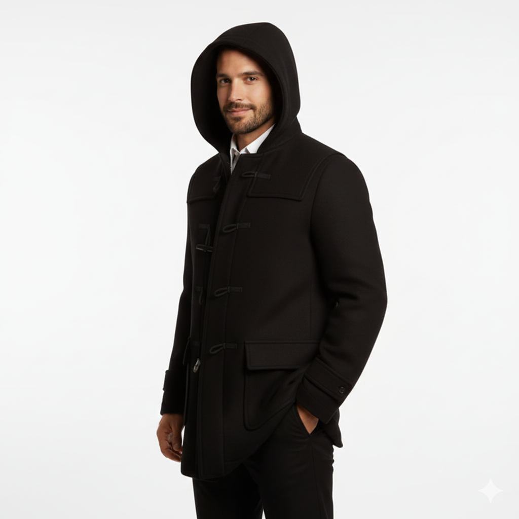 Joen Long Trench Coat Men – Scandinavian Hooded Coat with Horn Buttons & Retro Style