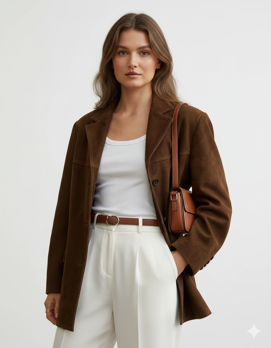 Marga Suede Blazer for Women – Chic Brown Jacket with Modern Cut & Stretch Fabric