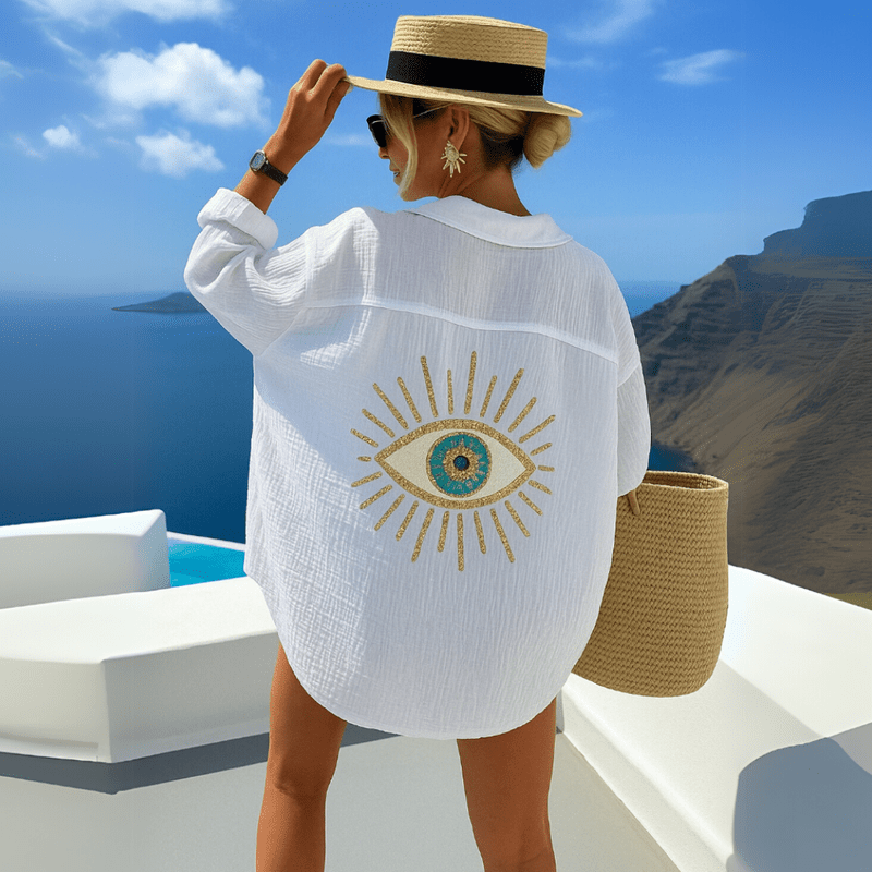 Jamie Chemise Woman Bohemian – Lightweight Cotton Beach Tunic with Protective Eye Embroidery