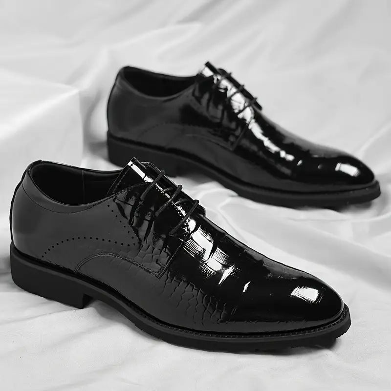 Men’s Black Patent Oxford Dress Shoes – Gloss Textured Finish with Lace-Up Closure