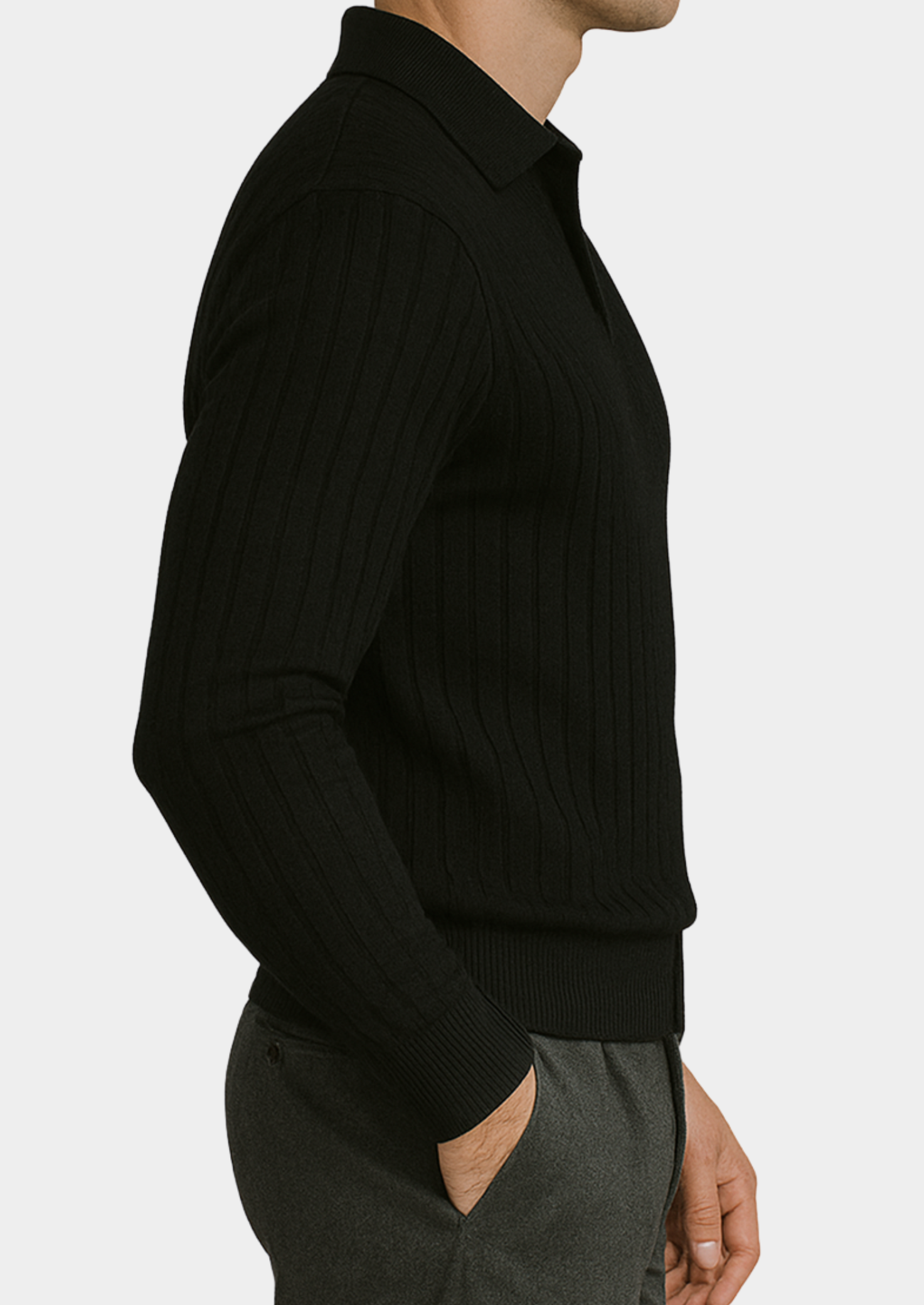 Men’s Black Ribbed Polo Sweater with Open Collar – Smart Casual Knit